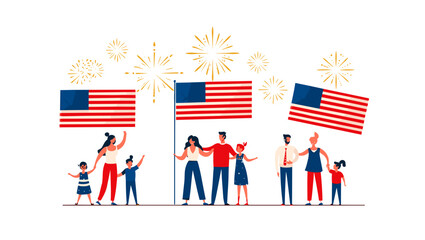 Families celebrate with american flags and fireworks in a patriotic display of national pride and unity
