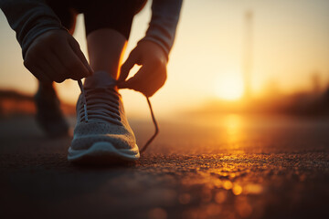 Tying Up the Marathon: A runner laces up their shoes during sunrise, embodying the essence of fitness and dedication to begin their journey
