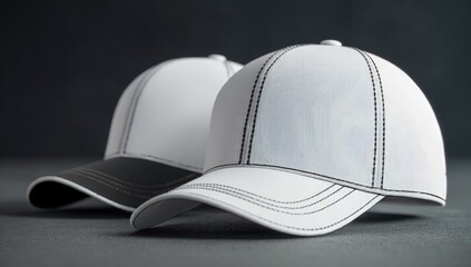 Two white baseball caps, one with a black visor
