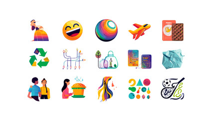 Fototapeta premium Collection of diverse icons including recycling symbol, airplane, food, people, and abstract designs
