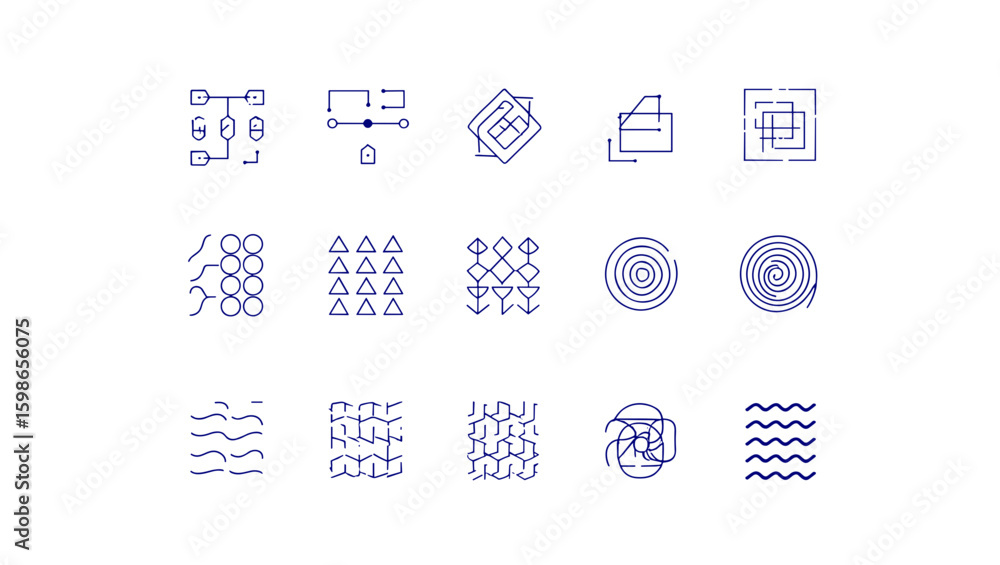 Poster collection of fifteen different geometric and abstract line drawings in a grid pattern on white back