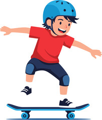 Naklejka premium Cheerful boy in red shirt and blue helmet skateboarding blue shorts