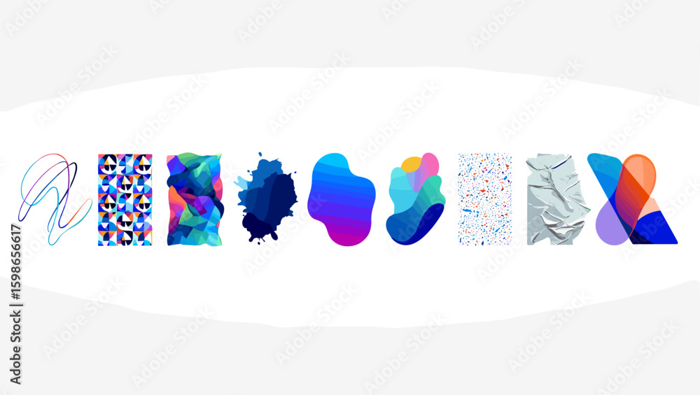 Poster collection of diverse abstract graphic elements arranged horizontally on a white background with var