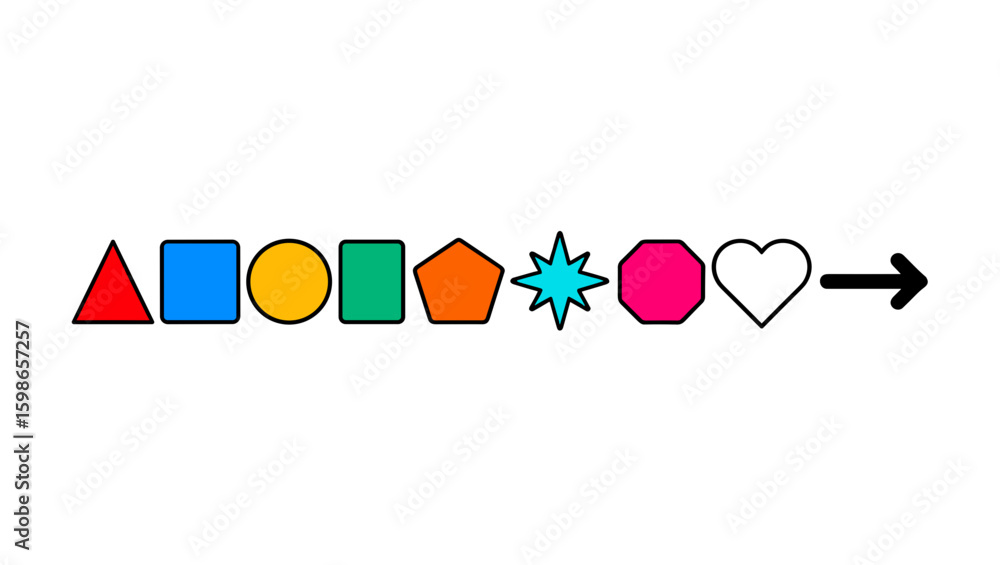 Poster geometric shapes arranged in a row with an arrow pointing to the right on a white background