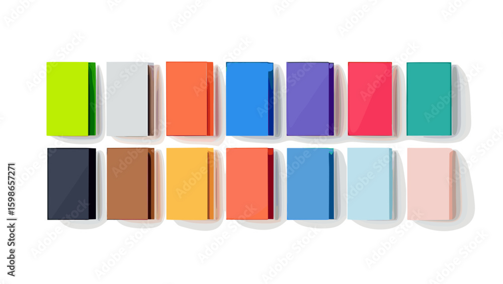 Poster arrangement of colorful rectangular blocks in two rows on a white background forming a grid pattern