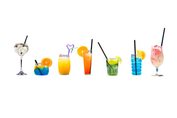 7 cocktails with different flavors and colors. Alcoholic and non-alcoholic cocktails. Summer...