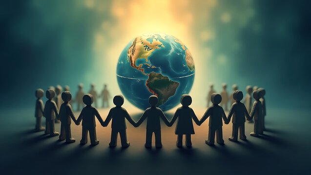 Diverse global community holding hands in unity around a glowing earth
