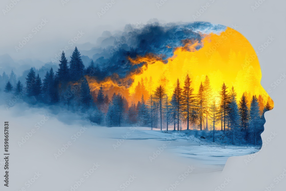 Aufkleber profoundly artistic representation of a face merging with an enigmatic forest under surreal lighting