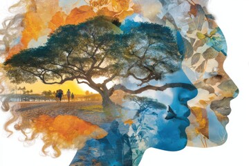 Emotions embodying nature's spirit through an artistic blend of human profiles and vibrant landscapes illustrating connectivity resilience and environmental harmony