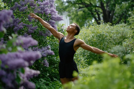 Young african male dancer posing gracefully in lush garden of purple flowers - Powered by Adobe