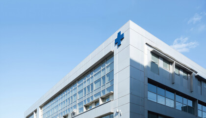 Modern healthcare facility building exterior. Facade features glass windows, blue medical cross sign. Structure represents contemporary architecture, medical innovation. Building set against clear