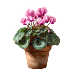 Pink cyclamen flowers in a terracotta pot isolated on transparent background
