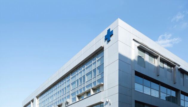 Modern healthcare facility building exterior. Facade features glass windows, blue medical cross sign. Structure represents contemporary architecture, medical innovation. Building set against clear