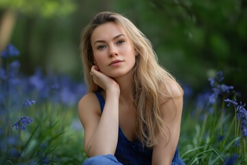 Fototapeta premium Young caucasian female in blue dress relaxing in lush green garden with blue flowers