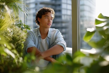 Pensive hispanic teen male relaxing among indoor plants by urban window