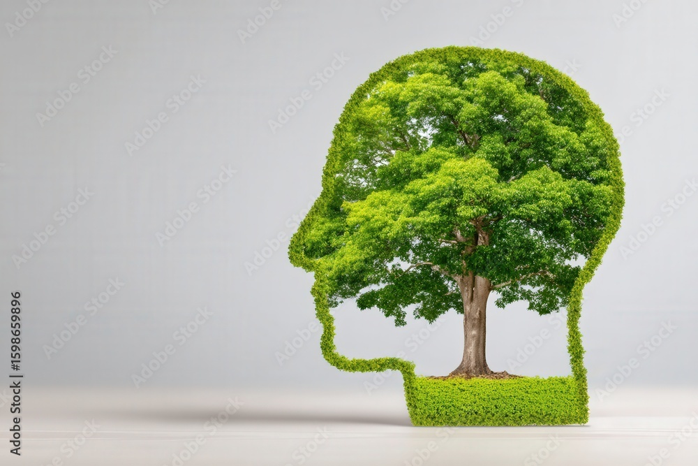 Poster tree shaped head representing ecological consciousness and environmental awareness, highlighting the