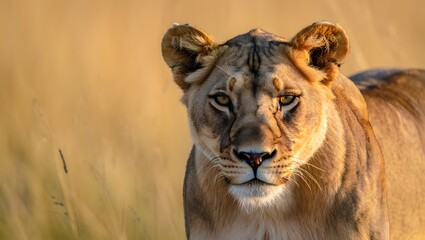 Portrait of a lioness: african wildlife photography, lioness face close up, predator cat