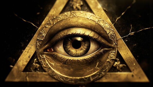 Golden Eye of Providence within triangle. Esoteric symbol of secret societies, occult, ancient mystery. Rich detail in gold, black background. Represents spiritual power, divine sight, hidden
