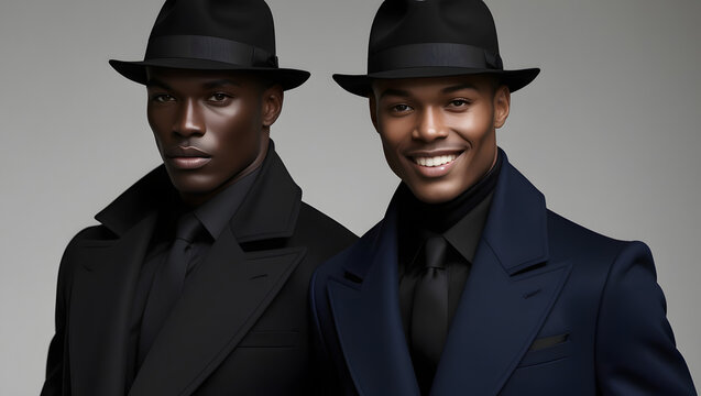 Two fashionable African American male models are posed in a sophisticated portrait, dressed in tailored suits, long coats, and fedora hats, showcasing their elegant sense of style, with one man having