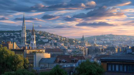Obraz premium Rooftops of Budapest at Sunset with Soft Sunlight