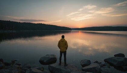 Man in yellow jacket stands on rocky shore observing tranquil lake sunset. Calm water reflects warm sky hues. Serene landscape evokes peace, solitude, and inspiration.