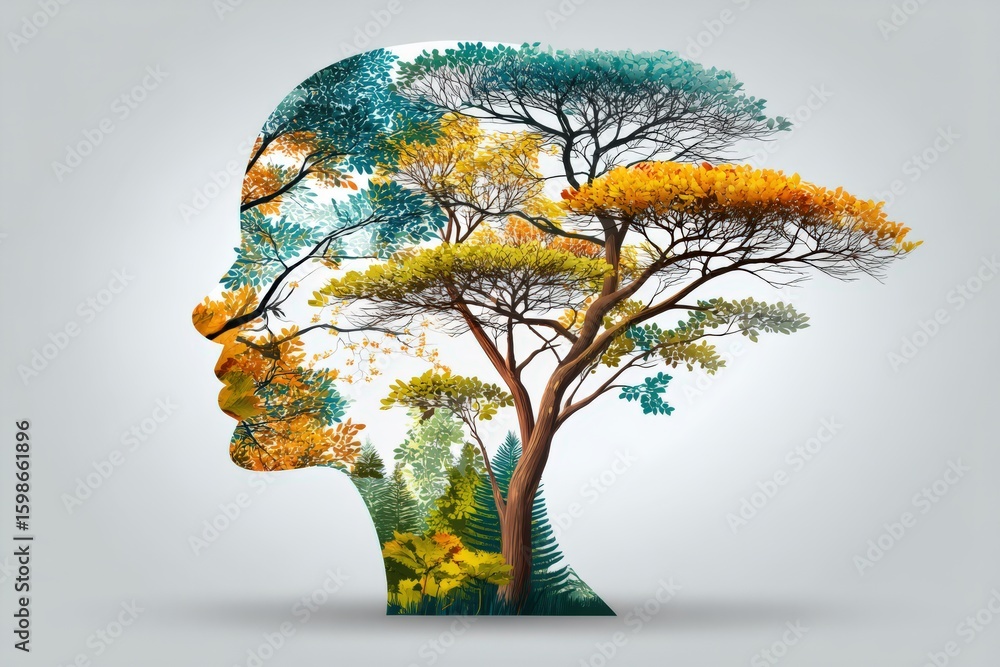 Poster silhouette of a human face merged with lush trees featuring vibrant autumn foliage and intricate bra