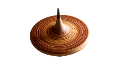 A wooden spinning top with brown stripes sits on a transparent background, ready to spin and whirl, isolated on transparent background
