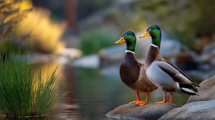 Fototapeta premium Ducks at Pond's Edge in Soft Light