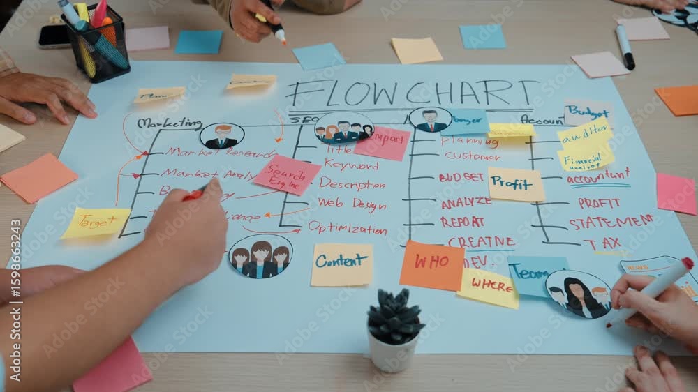 Aufkleber a vibrant office scene depicting a collaborative flow chart session with colorful sticky notes showi