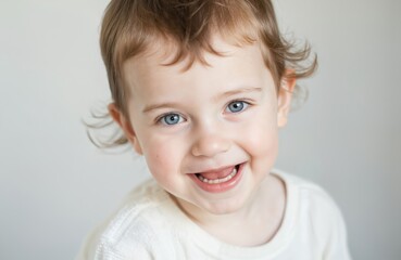 Fototapeta premium One-year-old toddler beaming with joy. Gentle natural light illuminates striking blue eyes and innocent expression. Sweet, playful, and carefree childhood moment captured with warmth and simplicity.