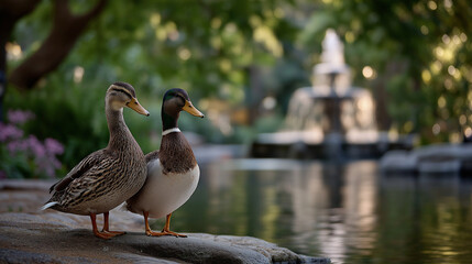 Fototapeta premium Ducks by a tranquil pond in a park with trees and a fountain