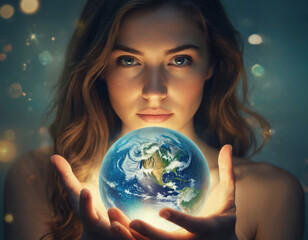 Young woman holds glowing planet Earth in hands, suggesting futuristic technology, artificial intelligence, cosmic hope. Mystical, surreal portrait conveying sense of power, future, universe. Female