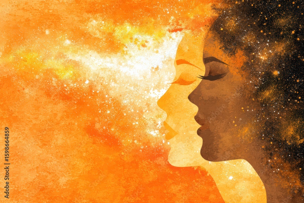 Poster artistic representation of duality with contrasting profiles in warm orange tones and cosmic element