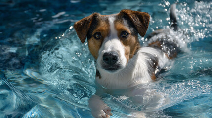 A dog enjoying a sunny swim in a pool under gentle light