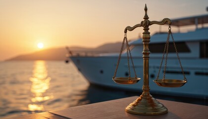 Symbol of justice, scales of balance, set against serene sunset over ocean. Luxury yacht floats in background, reflecting wealth and power. Evokes maritime law, equity, judgement, and evening calm.