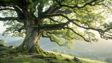 Fototapeta premium Majestic ancient oak tree with mossy trunk and sprawling branches on a misty hillside