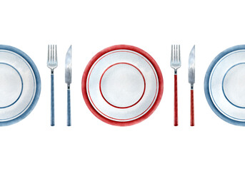 Seamless border with white plate with blue, red rim, Fork and knife with dark blue, red handle set. Watercolor illustration of cutlery. Silverware elements hand-painted isolated on white