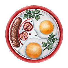 Breakfast watercolor composition, fried eggs, sausage, cutting board, toast, tomatoes, coffee, plate, garlic, illustration