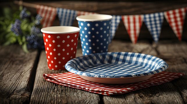 Independence day celebration. Red blue paper cup plate can outdoor table picnic party summer bunting ,barbecue party outdoor, 4th of july gathering, family patriotic celebrating usa holiday