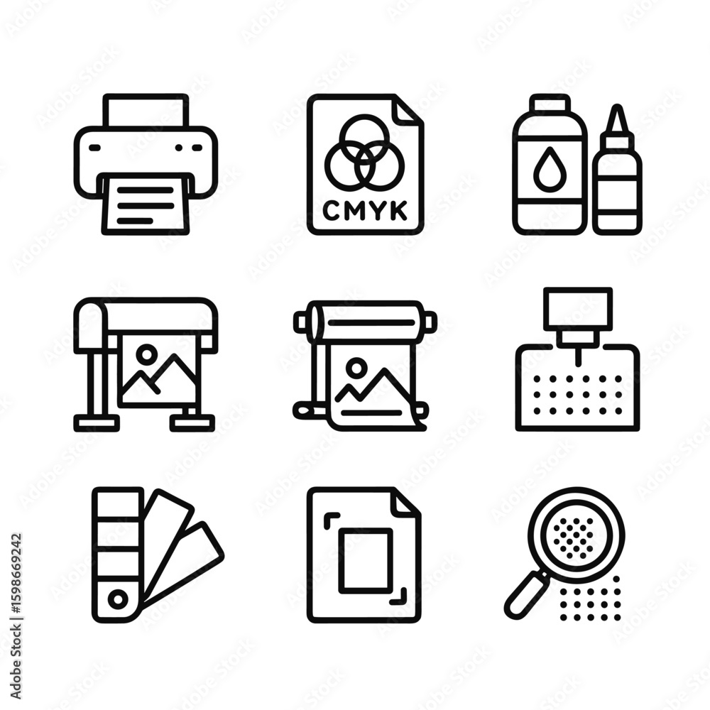 Poster print production vector icons set. outline symbols. line design