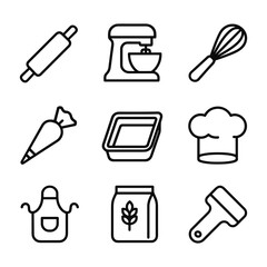 Bakery tools and equipment vector icons. Outline symbols. Line design