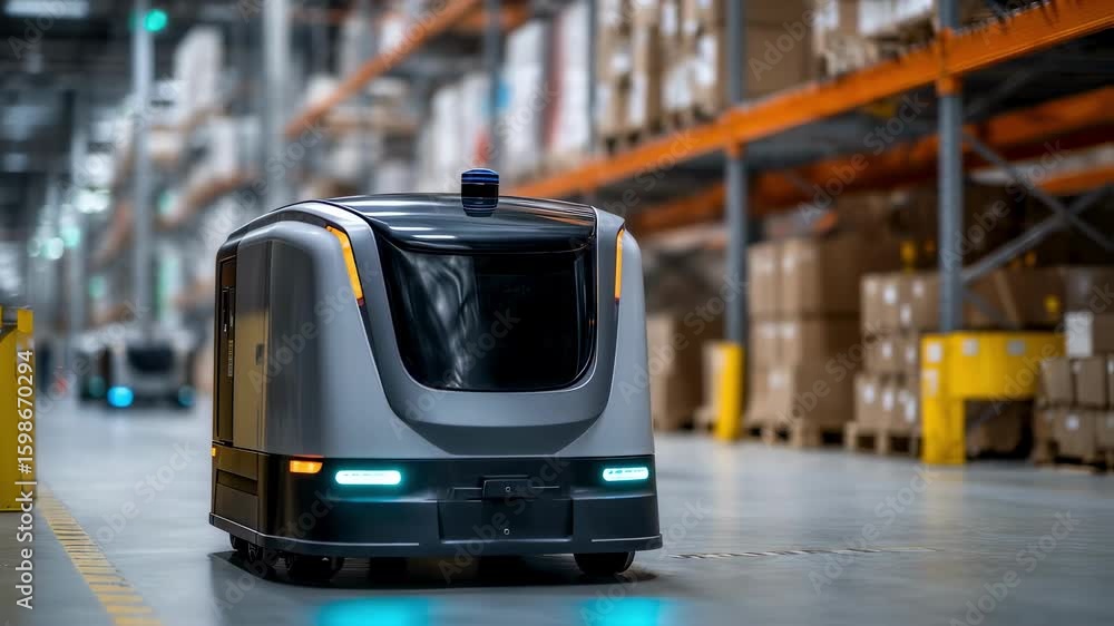 Poster automated guided vehicles moving along aisles in a large distribution center, optimizing logistics a