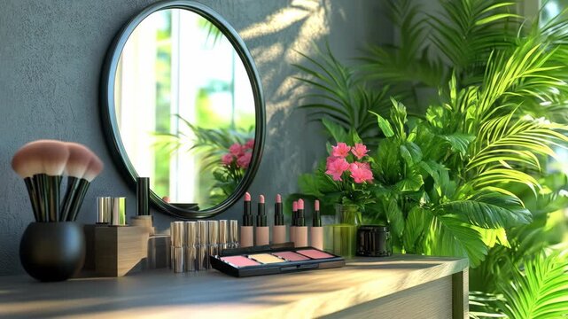 Makeup vanity with mirror, plants, and assorted cosmetics