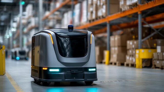 Automated guided vehicles moving along aisles in a large distribution center, optimizing logistics and streamlining operations through cutting edge technology