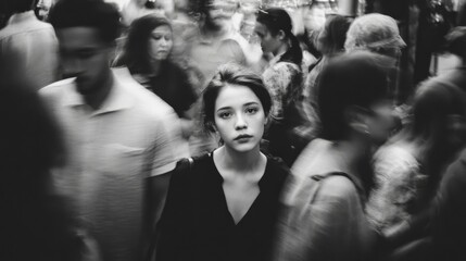 Obraz premium Monochrome portrait woman standing still crowd background motion blur, direct stare, cinematic lighting, shallow focus