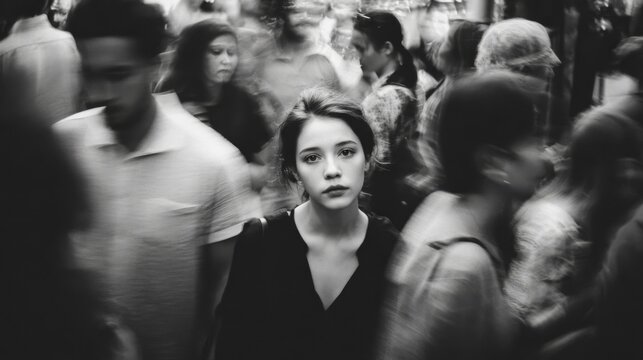 Monochrome portrait woman standing still crowd background motion blur, direct stare, cinematic lighting, shallow focus - Powered by Adobe