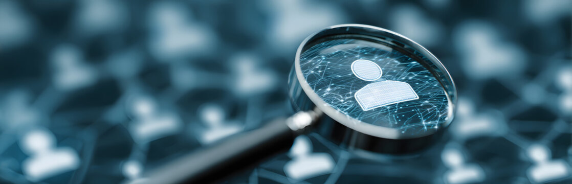 Closeup futuristic tech graphic design. Magnifying glass focuses on person icon. Digital network map shows possible new employee customer. Blue background opportunity. Concept for recruitment sales.