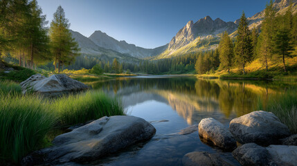 Fototapeta premium Stunning landscape of mountains and lake at summer evening
