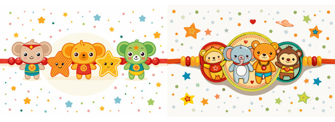 Adorable Cartoon Animal Rakhi Vector Set with Colorful Stars Background Featuring Teddy Bear, Elephant, Monkey, and Star Charms Perfect for Kids Raksha Bandhan Celebration