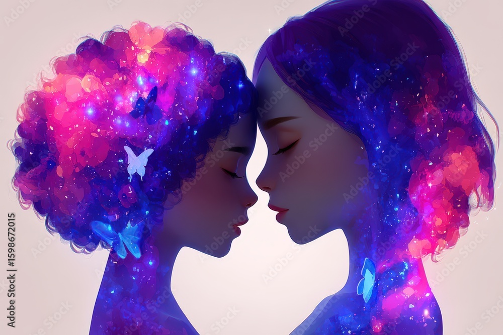 Poster two ethereal figures merging in cosmic harmony embodying emotional connection and profound unity sur